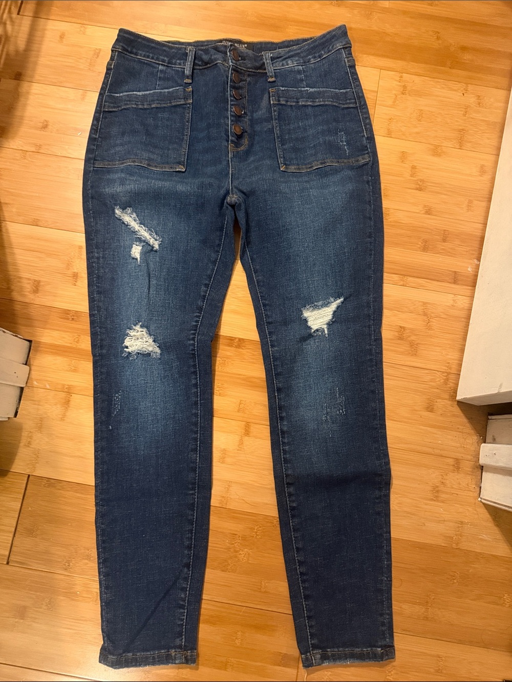 Judy Blue High-Rise Distressed Dark Blue Jeans with Button Fly